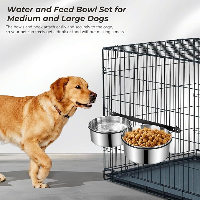 Yummy Sam Hanging Pet Dog Food Water Bowl for Cage, Stainless Steel Non-Spill Kennel Hanging Cats Pets Bowls with Clamp Holder Crate Feeder Dish for Medium Large Dogs Pets (Silver)