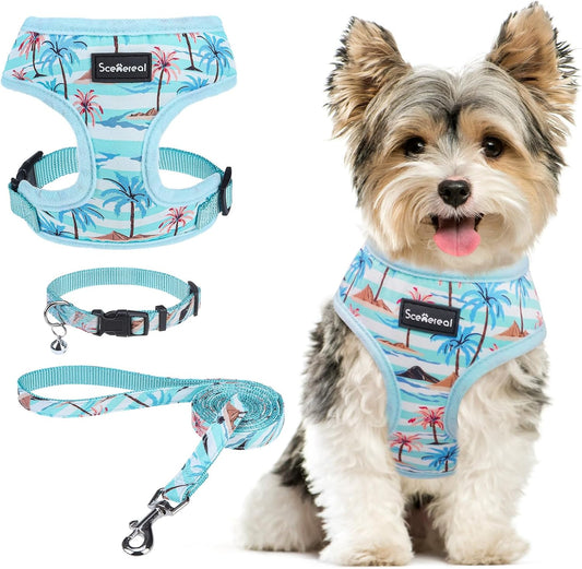 SCENEREAL Small Dog Harness and Leash Collar Set - No Pull Dog Harness for Small & Medium Sized Dogs - Soft Mesh Vest for Puppies, Chihuahua, Yorkie, Spring Summer Hiking Walking, Coconut Tree XS