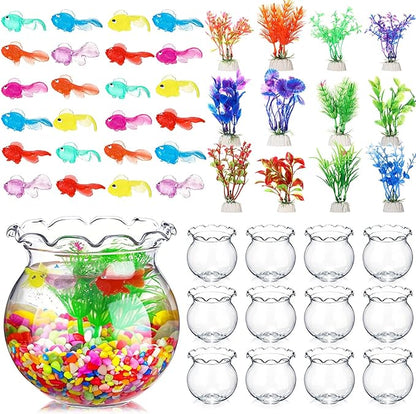 Jexine 12 Pack Plastic Fish Bowl 48 Pcs Floating Fake Goldfish 12 Pcs Artificial Aquatic Plant 2.65 Pound Tank Rock for Aquarium Tank Party Table Centerpiece Decoration Accessories(Colored Stone)