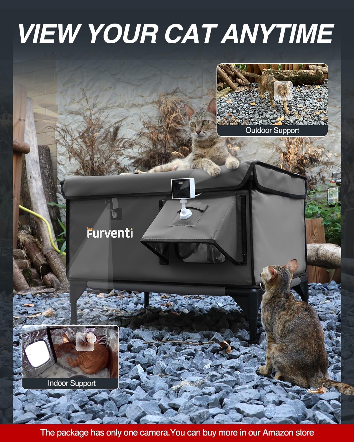 Heated Cat House for Outside,Dual Camera Mounts,100% Weatherproof & Extremely Insulated,Elevated Feral Cat Shelter with Escape Door,Waterproof Eaves for Outdoor Stray Barn Cat(Dark Grey, L with Cam)