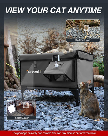 Heated Cat House for Outside,Dual Camera Mounts,100% Weatherproof & Extremely Insulated,Elevated Feral Cat Shelter with Escape Door,Waterproof Eaves for Outdoor Stray Barn Cat(Dark Grey, L with Cam)