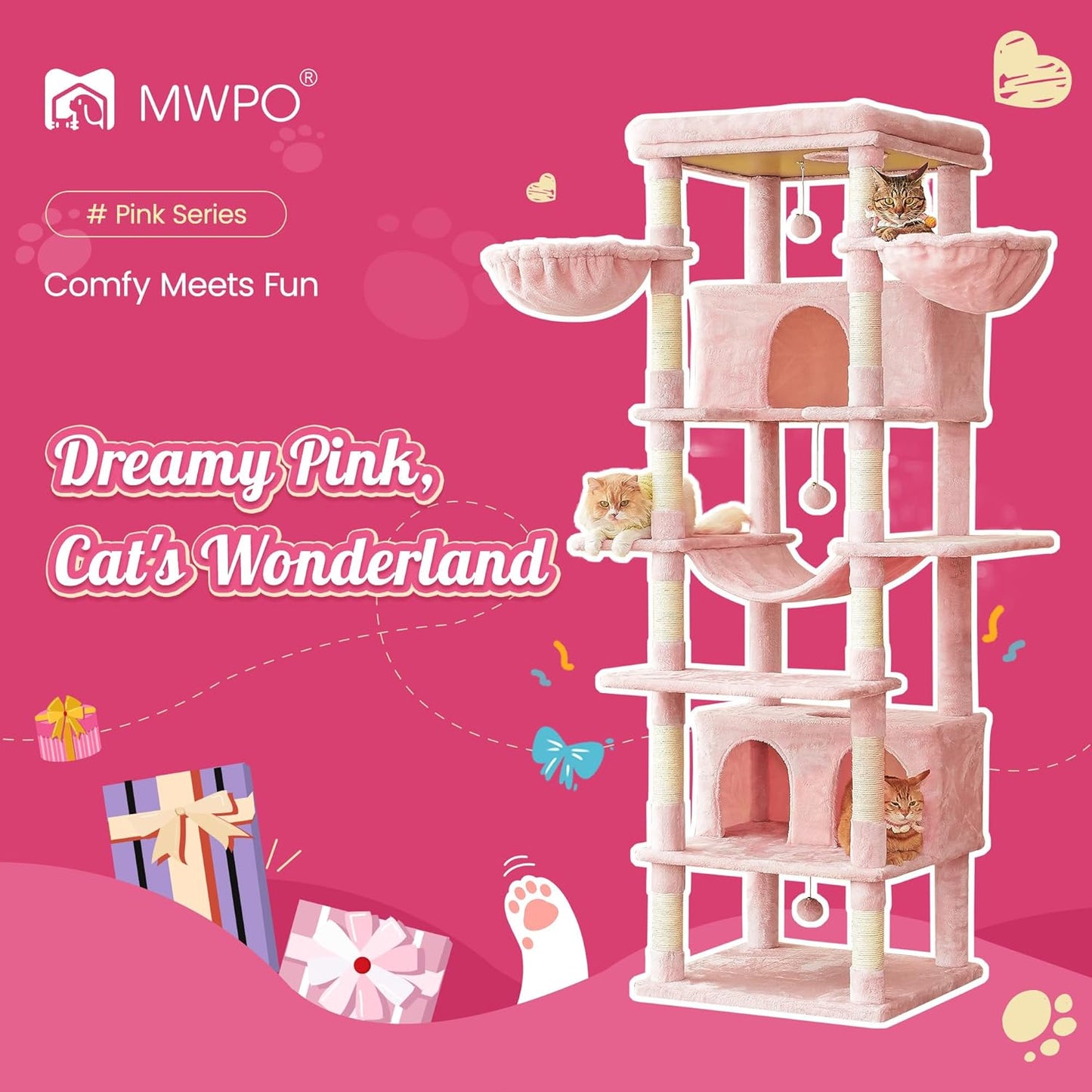 MWPO Pink Extra Large Cat Tree, 77.6-Inch Tall Cat Tower for Indoor Cats with 2 Condos, Multi-Level Cat Stand for Large Cats, 3 Hammocks, Wide Perch, Scratching Posts, Dangling Toys