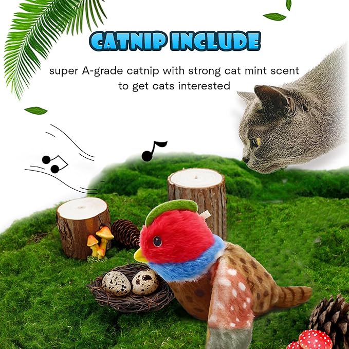 Cat Toys, Flapping Wings Pheasant, No Flying, Chirping Bird Interactive Catnip Toy for Kitten or Small Dogs, Touch Activated, Rechargeable