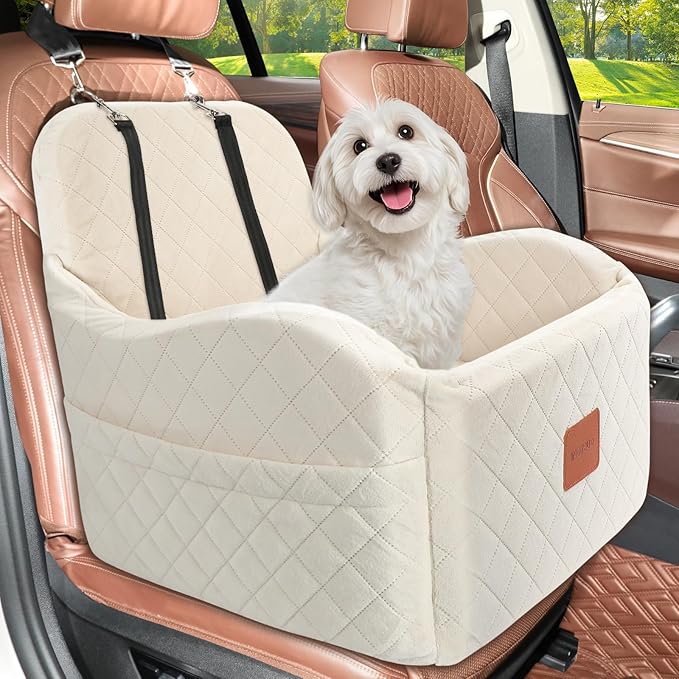 Dog Car Seat for Small Medium Dogs Up to 35lbs, Detachable Washable Soft Pet Booster Travel Bed for Front Seat with Safety Leash Belt (Beige, Medium)