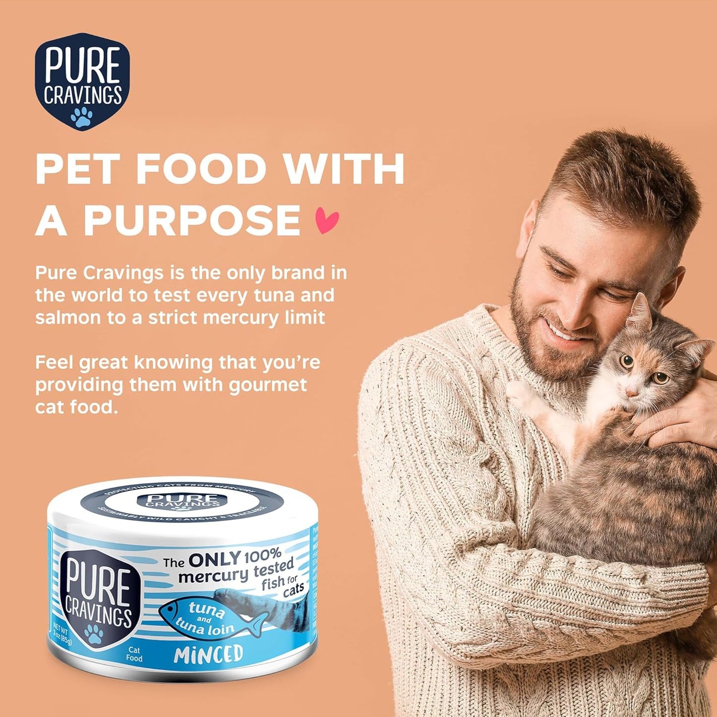 Pure Cravings Minced Tuna and Tuna Loin Wet Canned Cat Food, 100% Mercury-Tested, Moist Can Fish for Cats, Grain-Free, Protein, Non-GMO, 3oz, Pack of 12