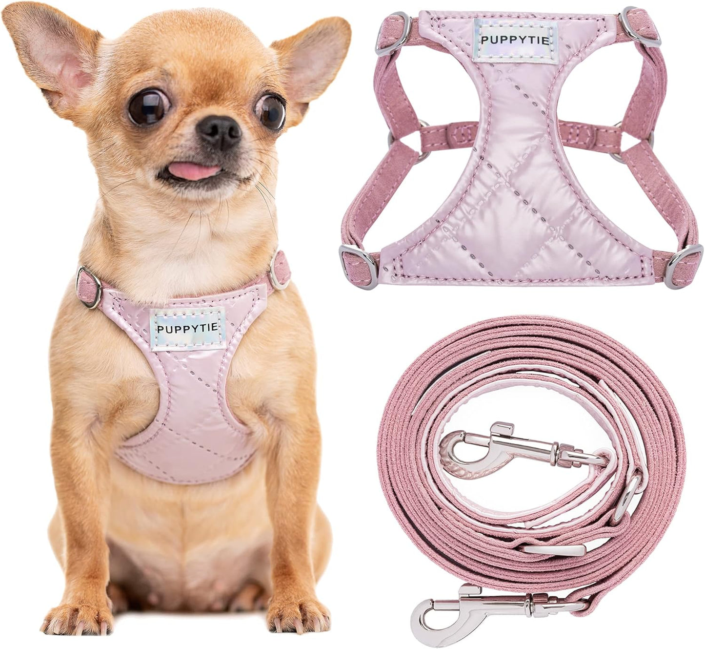 Puppytie No Pull xs Dog Harness with Multifunction Dog Leash,Soft Adjustable No Choke Escape Proof Pet Harness Vest,Glossy Pink,XS