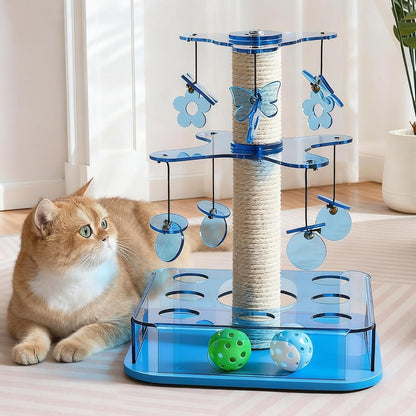 Modern 3-in-1 Interactive Cat Toy with Scratching Post, Cat Puzzle Toys for Indoor Cats with Colorful Jingle Balls, 2-Layer Spinning Teaser Disc with Dangling Toys, Acrylic, Blue