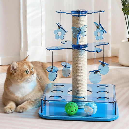 Modern 3-in-1 Interactive Cat Toy with Scratching Post, Cat Puzzle Toys for Indoor Cats with Colorful Jingle Balls, 2-Layer Spinning Teaser Disc with Dangling Toys, Acrylic, Blue