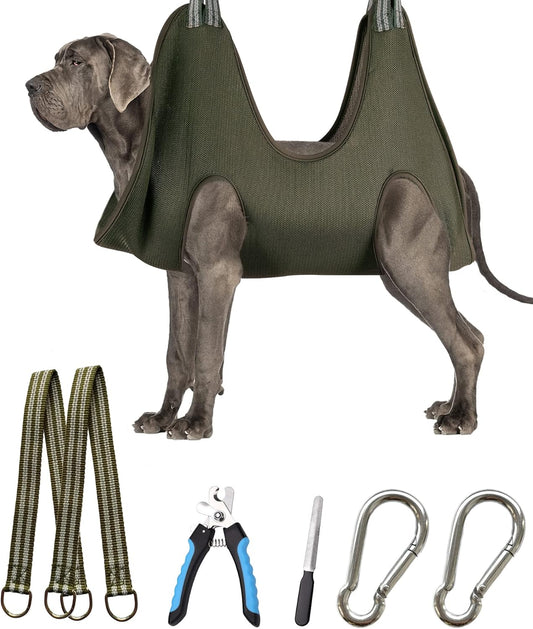 10 in 1 Pet Dog Grooming Hammock Harness with Nail Clipper,Dog Hammock for Nail Trim,Grooming Sling Holder Hanger Restraint for Claw Care (XXL+ / 100LB Max, Khaki Green)