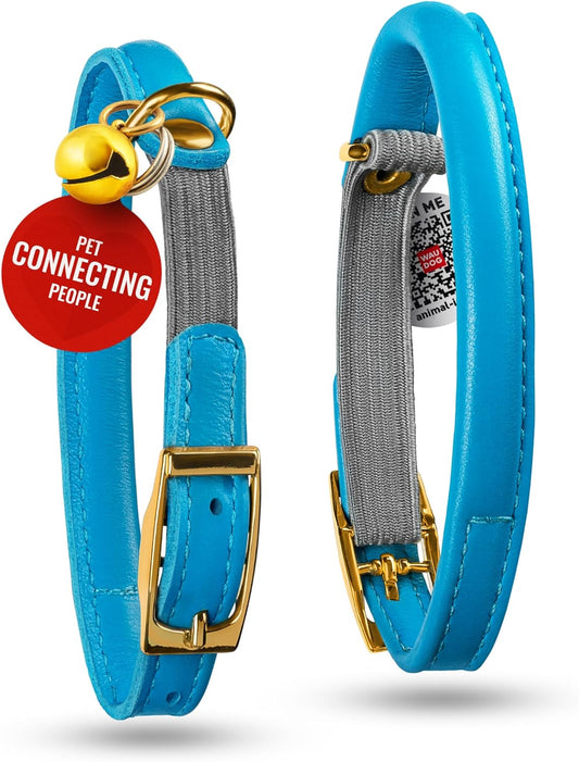 WAUDOG Ultra Soft Rolled Leather Cat Collar with Removable Bell, Safety Elastic Strap and QR ID Tag - Soft Padded for Small, Medium, and Large Cats - Round Kitten Collar for Male and Female Cats