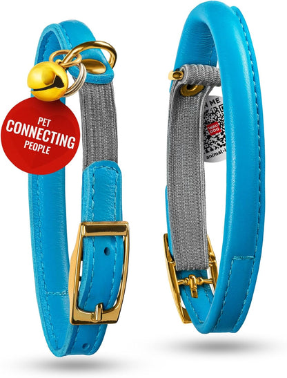 WAUDOG Ultra Soft Rolled Leather Cat Collar with Removable Bell, Safety Elastic Strap and QR ID Tag - Soft Padded for Small, Medium, and Large Cats - Round Kitten Collar for Male and Female Cats