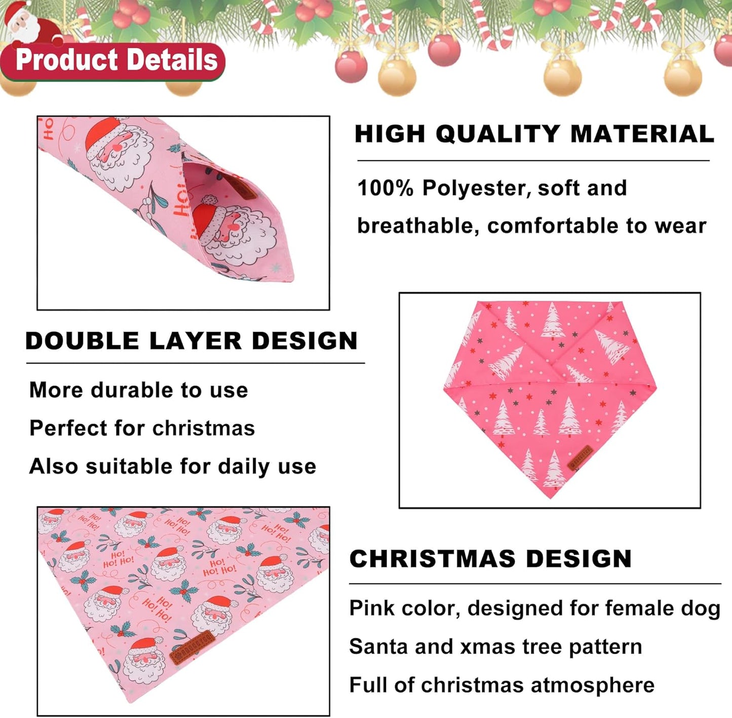 ADOGGYGO Pink Christmas Dog Bandana, Santa Xmas Tree Dog Scarf, Adjustable Fit Pink Pet Christmas Bandanas for Medium Large Dogs (Large)