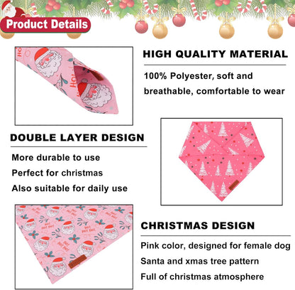 ADOGGYGO Pink Christmas Dog Bandana, Santa Xmas Tree Dog Scarf, Adjustable Fit Pink Pet Christmas Bandanas for Medium Large Dogs (Large)