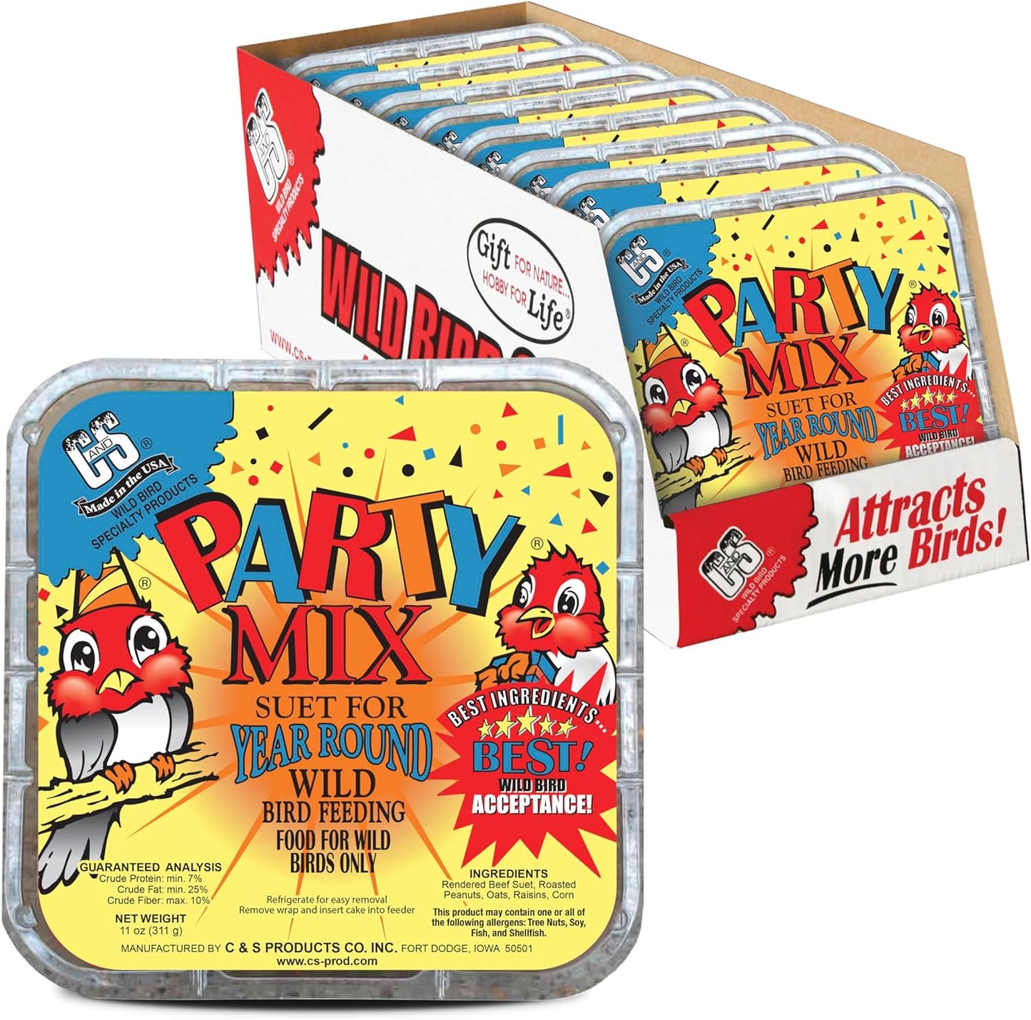 C&S Party Mix Suet Treat, Suet Cakes for Wild Birds, 11 Ounces, Pack of 8