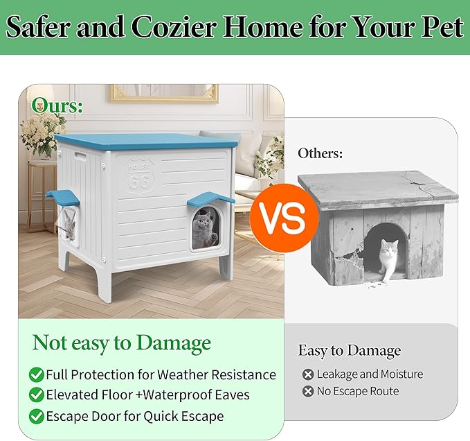Cat House Outdoor Weatherpoof Plastic Cats Houses with Escape Door Indoor Waterproof Feral/Pet Cat Shelter Outside for Puppy, Rabbit(Blue)