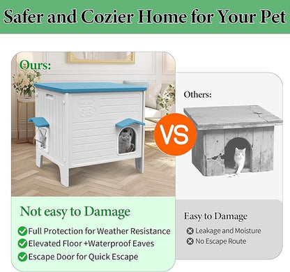 Cat House Outdoor Weatherpoof Plastic Cats Houses with Escape Door Indoor Waterproof Feral/Pet Cat Shelter Outside for Puppy, Rabbit(Blue)