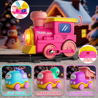 Funwee Steam Track Train Set for Toddlers, Magnetic Connection Train Toys w/Lights & Sounds, Electric Cartoon Choo Choo Train, Toy Train Christmas Birthday Gift for Toddlers 2 3 4 5+ Boy Girl (Pink)