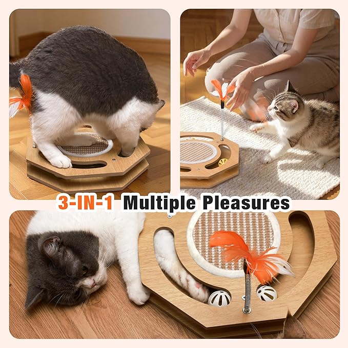 Interactive Toy Cat Scratcher, Sisal Scratching Pad, Kitten Toy Wood with Bell Ball Track, Feather Teaser for Mental Physical Exercise Puzzle