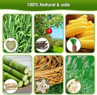 26Pcs Rabbit Toys for Bunny Boredom Basket for Small Pets, with 14Pcs Replacement Set Hanging Rodent Dental Toy with Papaya Stems Sweet Bamboo Hamsters, Chinchillas, Guinea Pigs