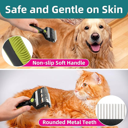 3-IN-1 Pet Grooming Tool - Undercoat Rake, Dematting Comb & Deshedding Brush for Cats & Dogs - Removes Mats, Tangles & Loose Fur, Reduces Shedding & Prevents Hair Mess (Green)