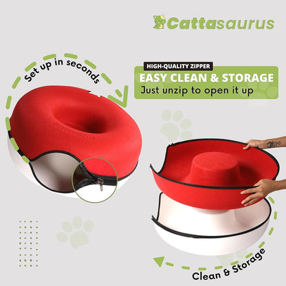 CATTASAURUS Peekaboo Cat Cave for Multiple & Large Cats Up to 30-45 Lbs, Scratch Detachable & Washable Tunnel Bed, Comfy Donut Cat Cave (Ruby Snowball, Large)