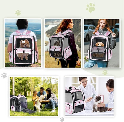 Lekebobor Large Cat Backpack Carrier Expandable Pet Carrier Backpack for Small Dogs Medium Cats Fit Up to 18 Lbs,Dogs Foldable Puppy Backpack Carrier for Travel, Hiking,Pink Flowers Pattern