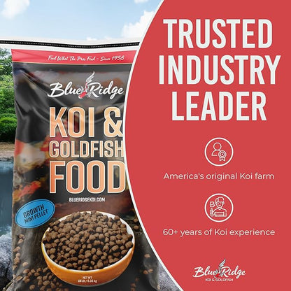 Blue Ridge Koi Fish Food 25lb - Koi Food Mini Growth Formula, Goldfish Food, Premium Fish Food for Ponds, Ponds Fish Food, Floating Pond Pellets