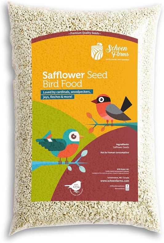 Schoen Farms Bright White Safflower Seeds for Cardinals, Jays, Finch, Dove and Others | 7 lbs (3.18 kg.)
