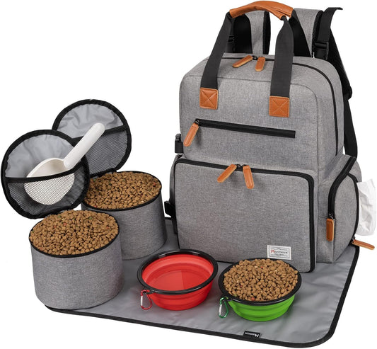 Modoker Dog Travel Bag - Airline Approved Backpack for Pet Accessories Organizer, Tote Weekend Bag with 2 Dog Food Containers, 2 Collapsible Bowls, 1 Pet Mat, Grey