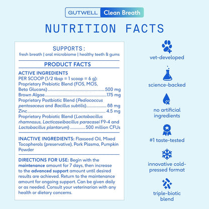 Native Pet GutWell Clean Breath - Dog Breath Freshener & Dog Dental Powder - Teeth Cleaning to Reduce Plaque & Tartar - Promotes Fresh Breath with Targeted Triple-biotic Dental Care Blend - 60 Scoops