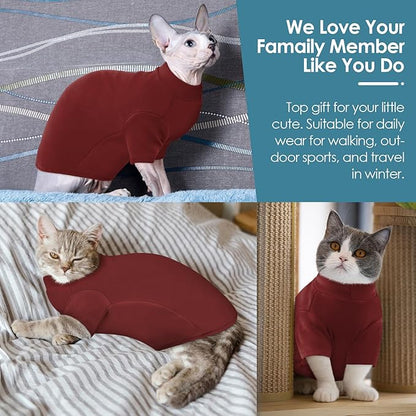 SUNFURA Turtleneck Sweater for Cat, Sphynx Hairless Cats Shirt Sweaters with Sleeves, Warm and Soft Kitten Pullover Fleece Winter Pajamas Jumpsuit for Puppy, Burgundy XL