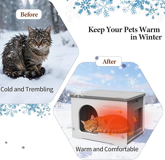 Insulated Cat House Outdoor Weatherpoof Plastic Cats Houses with Escape Door Indoor Waterproof Feral/Pet Cat Shelter Outside for Puppy, Rabbit for Winter