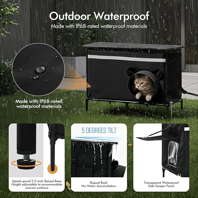 Heated Outdoor cat House for Outside, Weatherproof Insulated Feral Cat Shelter with Timer-Temp Control Heating Pad in Winter, Large Elevated Outdoor Cat House with Zipper, 2 Doors, Safety- Black