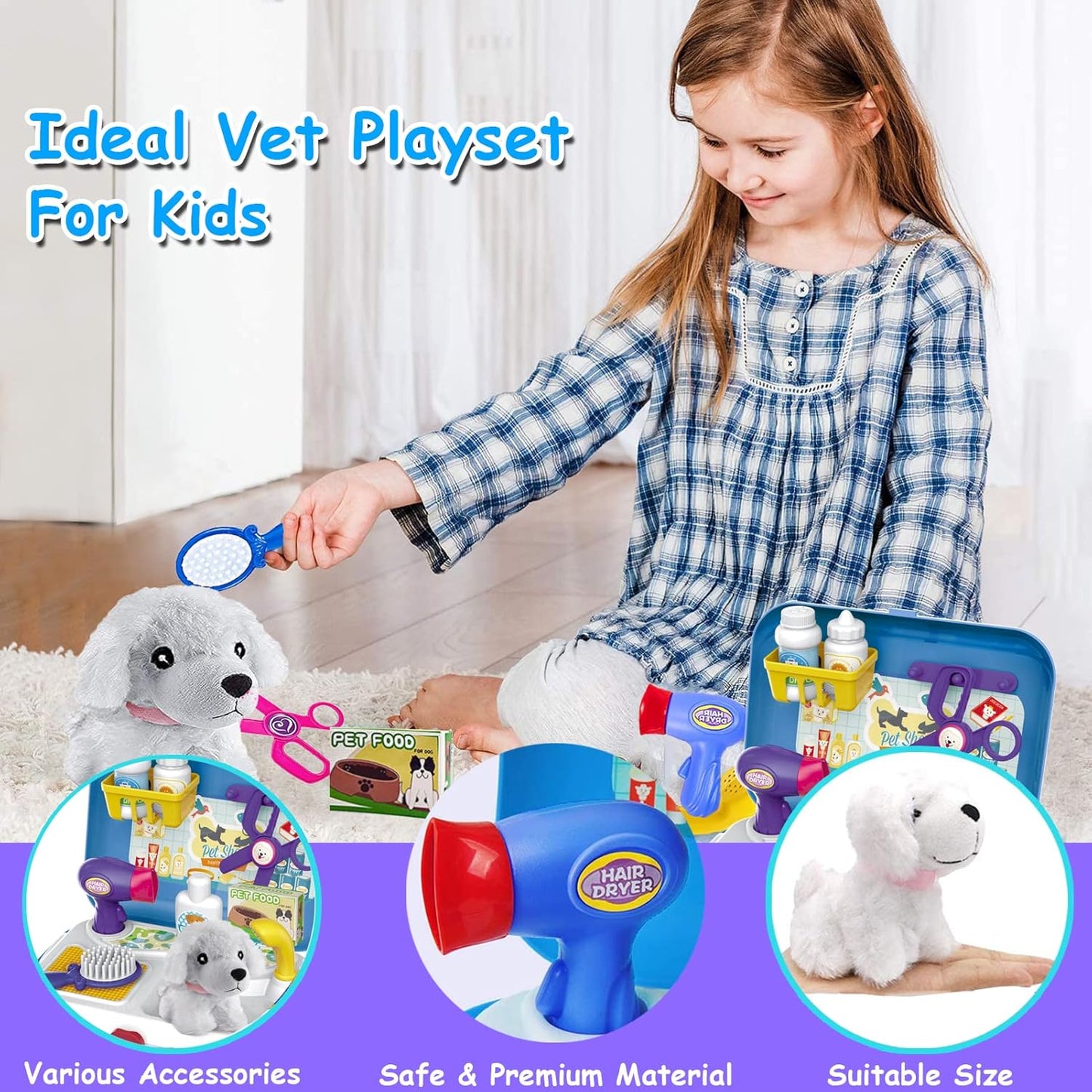 TEUVO Pet Care Playset, 16Pcs Kids Doctor Kit with Plush Dog & Backpack for Dog Grooming & Feeding, Pet Doctor Pretend Play Toys for 3 4 5 6 7 Years Old Girls Boys Birthday