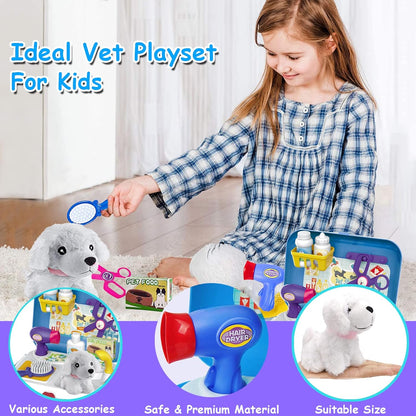 TEUVO Pet Care Playset, 16Pcs Kids Doctor Kit with Plush Dog & Backpack for Dog Grooming & Feeding, Pet Doctor Pretend Play Toys for 3 4 5 6 7 Years Old Girls Boys Birthday