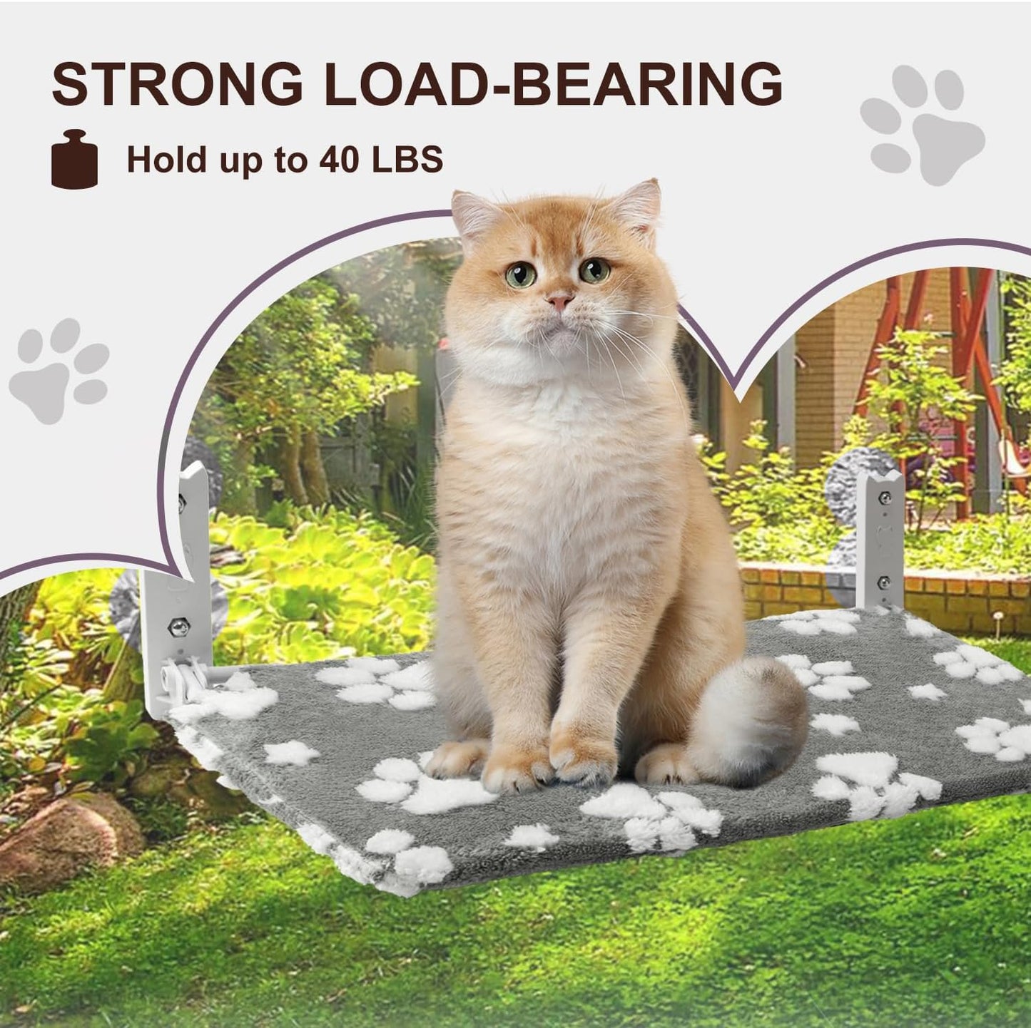 Cat Window Perch, Foldable Cat Window Hammock with Cute 3D Textured Paw Cover and Strong Suction Cups, Cordless Window Seat Bed for Indoor Cats (Grey, Large)