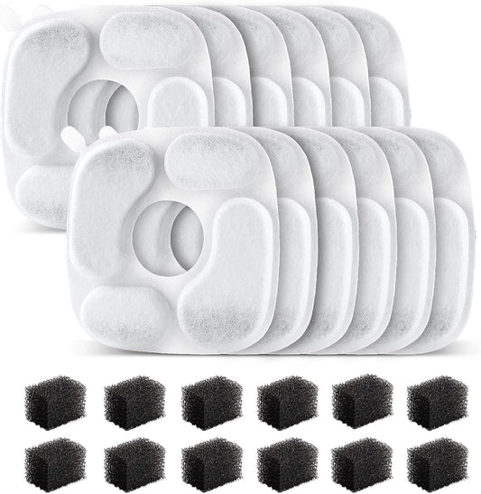 24 Pcs Cat Water Fountain Filter,12 Pack Filters & 12 Pack Pre-Filter Sponges, Compatible with 95oz/2.8L Pet Fountain