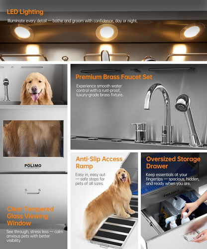 POLIMO Dog Washing Station, LED Professional Stainless Steel Dog Bathing Station 38", Dog Grooming Tub for Large, Medium & Small Dog - with Window, Ramp, Drawer, Floor Grate & Faucet (Left Ramp, 38")