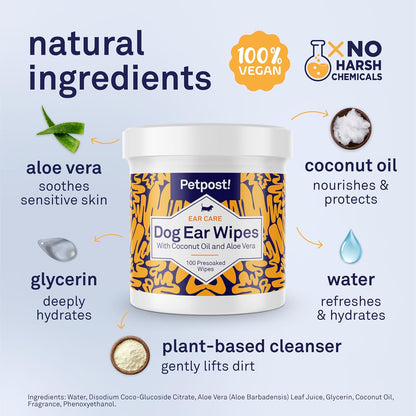 Petpost | Dog Ear Cleaner Wipes - Ultra Soft Cotton Pads in Coconut Oil Aloe Solution - Dog Ear Rinse & Cleanser 100 ct.