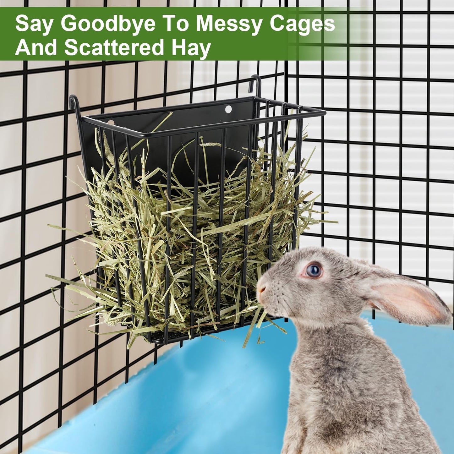 Upgrades Rabbit Hay Feeder - Guinea Pig Hay Feeder - Metal Frame Hay Rack with Adjustable Hook - Less Wasted - for Guinea Pigs - Chinchilla Bunny Cage Accessories - Bunny Feeder