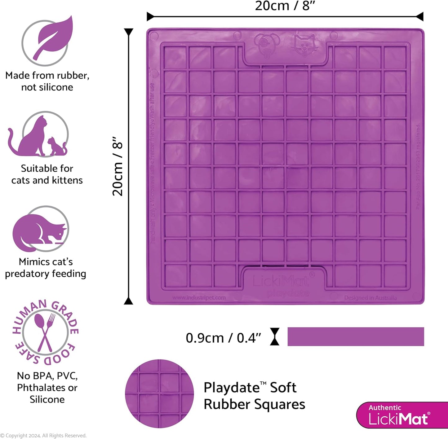 LickiMat Classic Playdate, Cat Slow Feeder Lick Mat, Boredom Anxiety Reducer; Perfect for Food, Treats, Yogurt, or Peanut Butter. Fun Alternative to a Slow Feed Cat Bowl or Dish, Purple
