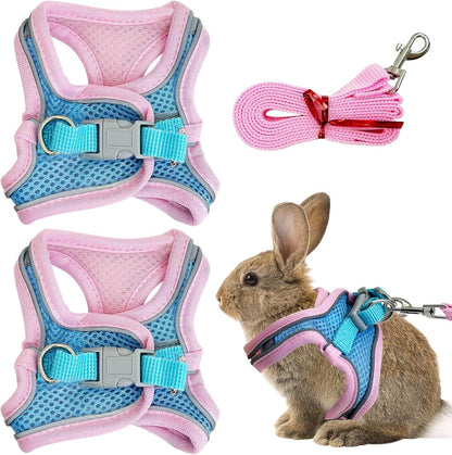 PINVNBY 2 Pack Bunny Hsrness and Leash Set Adjustable Rabbit Harness with Reflective Strips Double Buckle Pet Vest Eescape Proof for Small Rabbit Kitten Puppy Walks Accessories (Pink Blue, M)