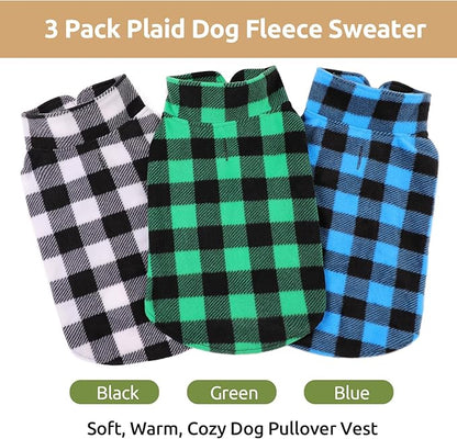 Kama Bridal 3 Pack Dog Coat - Spring, Autumn, Winter - Fleece Vest for Cats & Small/Medium Dogs - Blue, Green, Black Plaid (S)
