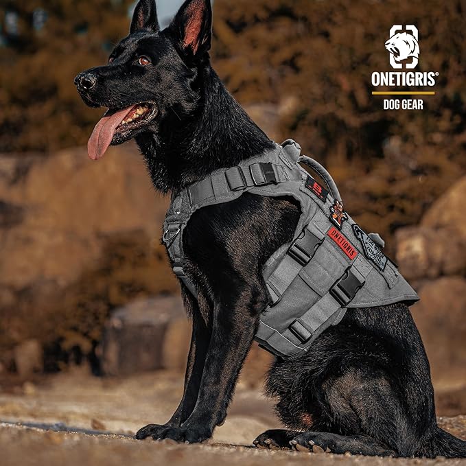 OneTigris Large Tactical Dog Harness, No Pulling Adjustable Dog Vest Harness, Heavy Duty Dog Harness with Handle, Large Hook and Loop Panels for Patch Grey