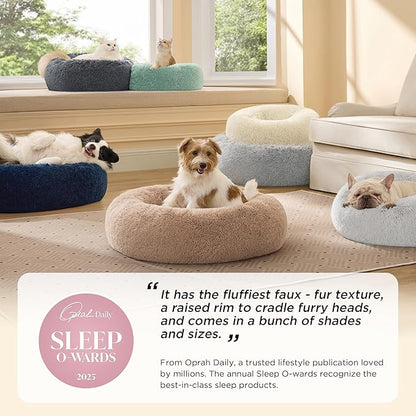 Bedsure Calming Dog Bed Medium Size Dog - Donut Washable Medium Pet Bed, 30 inches Anti-Slip Round Fluffy Plush Faux Fur Cat Bed, Fits up to 45 lbs Pets, Camel