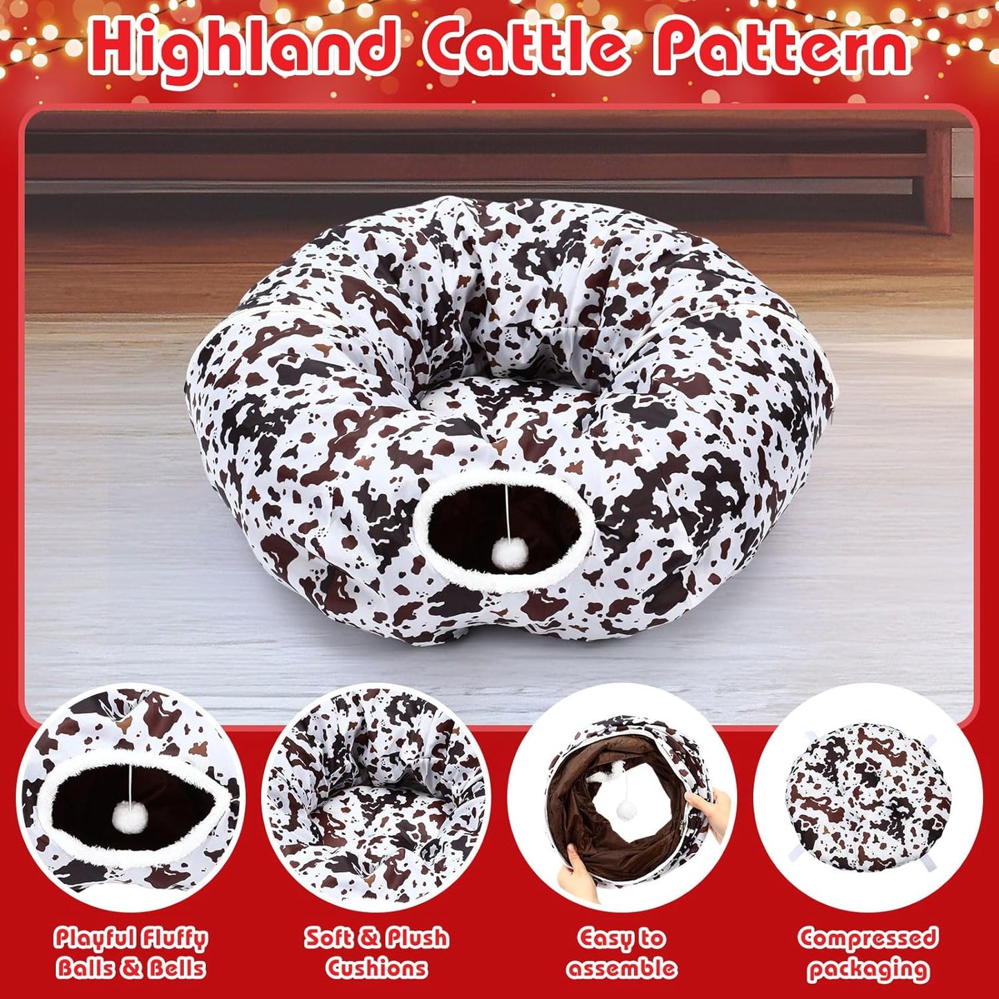 Cat Tunnel Bed Under Christmas Tree 36'' Kitten Circle Donut Tunnel Skirt with Ball Mat Decorative Xmas Folding Home Kitty Guard Tube Holiday Party Indoor Pet (Brown Black White,Cowhide)