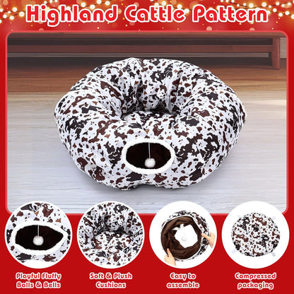 Cat Tunnel Bed Under Christmas Tree 36'' Kitten Circle Donut Tunnel Skirt with Ball Mat Decorative Xmas Folding Home Kitty Guard Tube Holiday Party Indoor Pet (Brown Black White,Cowhide)