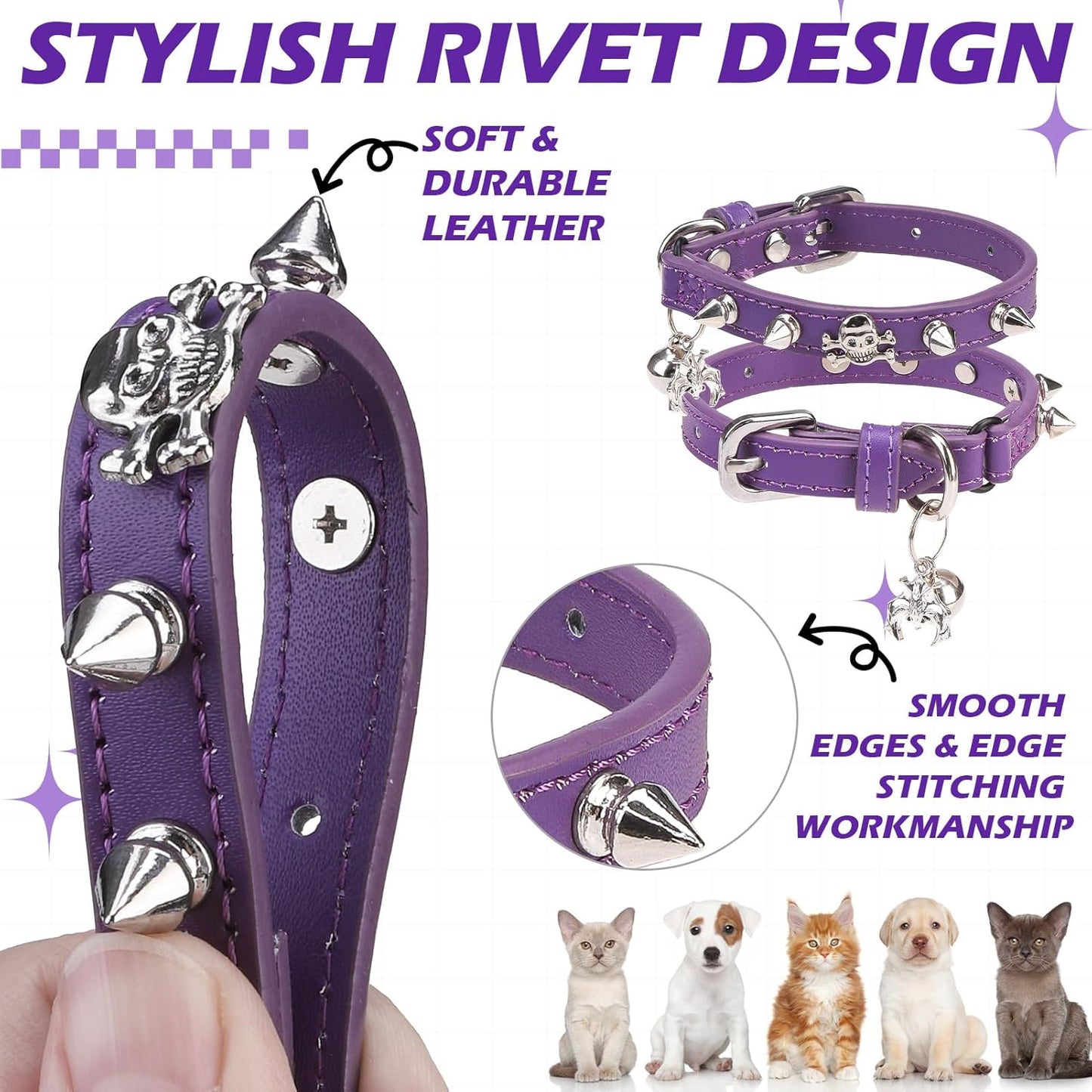 EXPAWLORER Leather Cat Collar for Girl Boy- Adjustable Pet Collar with Safety Elastic Belt,Personalized Punk Accessories Buckle Collars with Bell & Durable D-Ring, Rivet(Purple)