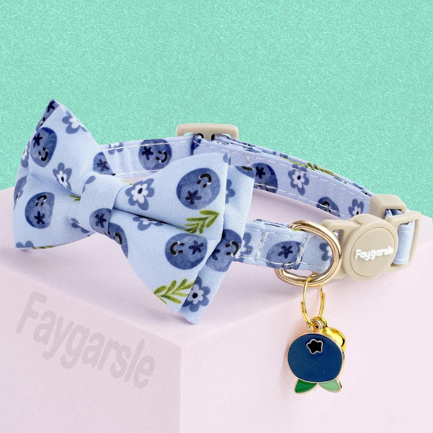 Faygarsle 2 Pack Blueberry Pattern Cat Collar Set with Bandana and Bow Tie, Light Blue, Breakaway Style with Bell