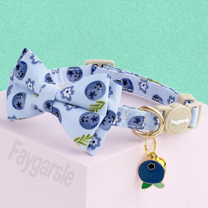 Faygarsle 2 Pack Blueberry Pattern Cat Collar Set with Bandana and Bow Tie, Light Blue, Breakaway Style with Bell